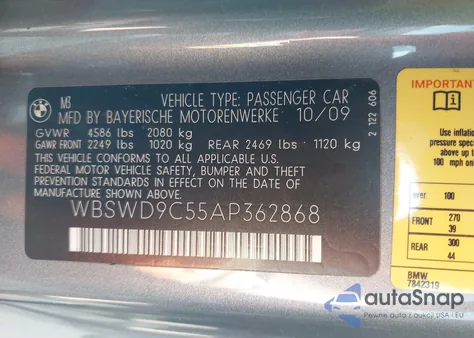 2010 BMW M3 from USA, damaged, VIN WBSWD9C55AP362868